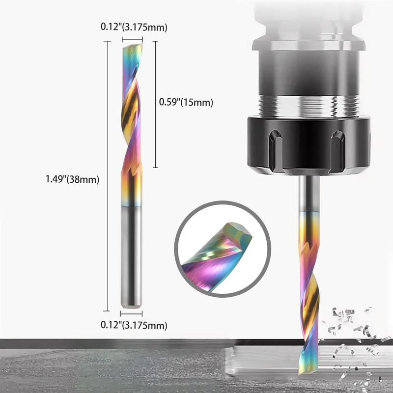 CNC Router Bits Single Flute End Mill for Aluminum Cutting - 1/8 Inch (3.175mm) Shank Solid Carbide Spiral Router Bits with DLC Coating, 3/5'' (15mm) Cutting Length CNC Bits Milling Cutter (10PCS) 10 1/8" Shank-3/5" Cutting Length