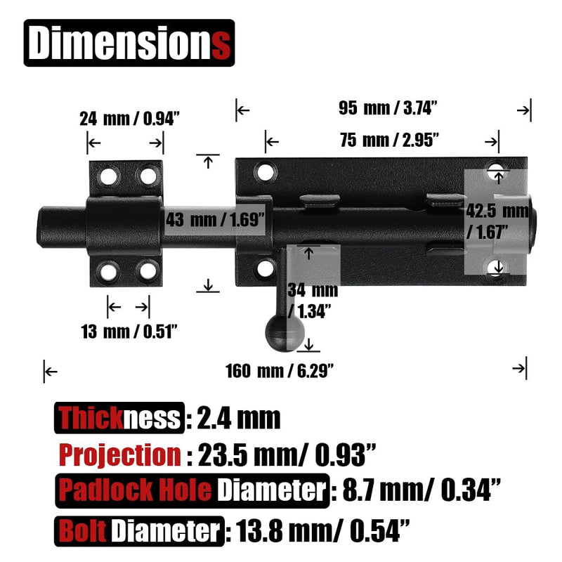 JQK Sliding Bolt Gate Latch Black, 6.3 Inch (Thick 2.4mm) Heavy Duty 304 Stainless Steel Barrel Bolt with Padlock Hole, Interior Door Latches 2 Pack, DL300-BK-P2 6Inch(2 Pack)