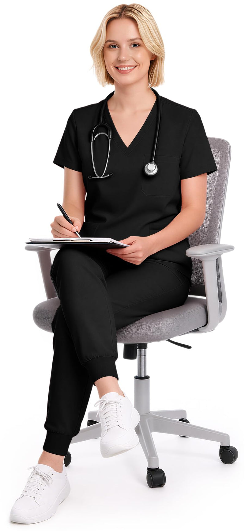 Scrubs for Women Set, V-Neck Short Sleeve Top & Jogger Pants | Soft Stretch Scrub Set, All-Day Comfort, 9 Functional Pockets and Breathable Fabric for Long Nursing Shifts Standard Medium Black