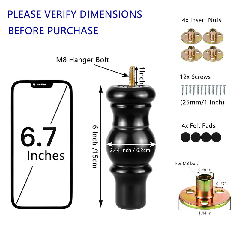 Maricome 6 Inch Wood Legs Set of 4 Furniture Legs Predrilled M8 Bolt Black Mid Century for Cabinet Dresser Ottoman Screw in 6 Inch Black Bun Style