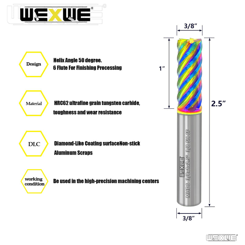 Tools Carbide End Mills,6 Flute Square Milling Cutter，DLC Coating High Helix Angle for Aluminum, Copper Finshing Milling Processing - 3/8 Shank (3/8-2.5" 1PCS) DLC 3/8-2.5" 6F 1PC
