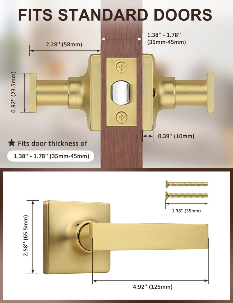 Mengico 1 Pack Passage Door Levers Gold Finish, No-Locking Keyless Square Door Knob, Interior Door Handles for Closet and Hallway, Reversible for Left & Right Handed