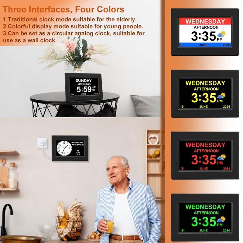 DST Digital Clock with Date and Day of Week for Elderly-12 Alarms Medication Reminder Dementia Alzheimers Clock Calendar with Extra Large Display (7 inch Black) 7 inch Black