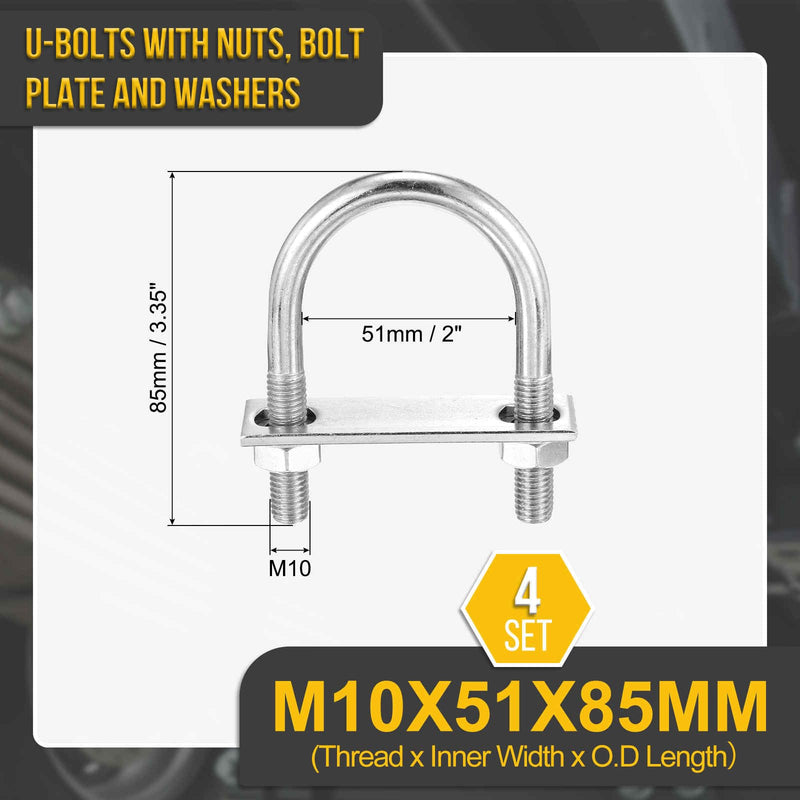 DTGN M10x51x85mm U Bolts Round Kit - 4Set - 304 Stainless Steel U-Bolt Kit with Nuts, Washers, Frame Plate - Good for Pipe, Trailer, Automotive, Leaf Spring Fastener 4