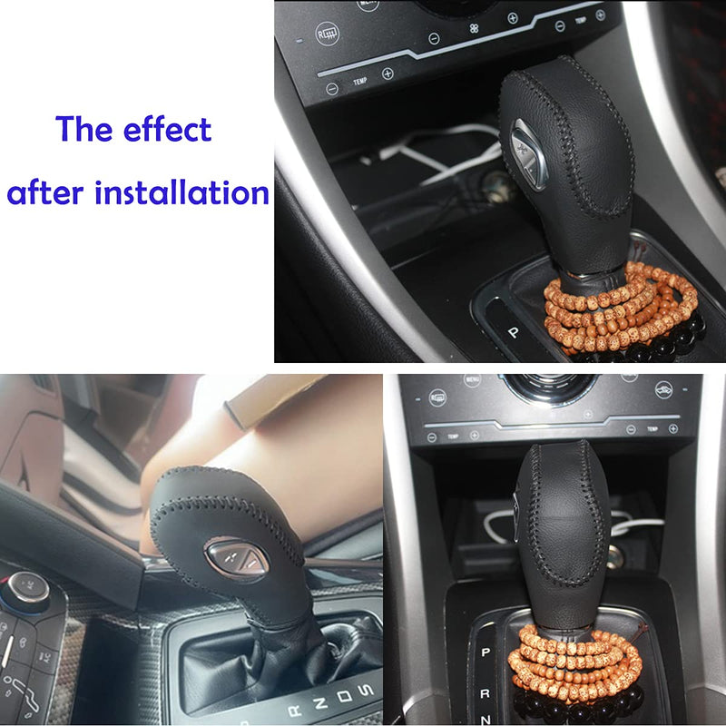 Black Leather Gear Shift Knob Cover for Ford Focus 2012 2013 2014 2015 2016/ Ford Fiesta 2014 2015 2016 / Ford Fusion S/Fusion SE 2013 2014 2015 2016 / Fusion Gear Shift Cover/Accessories for Ford Black leather + Black thread