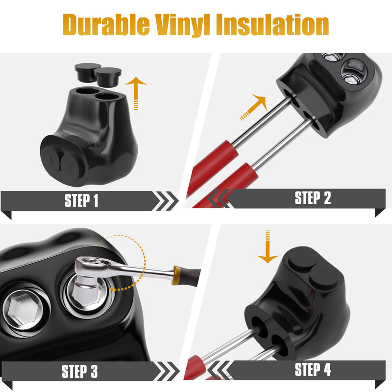 STARELO 6PCS 2 Port Insulated Wire Connector, Single-Sided Splice, Multi Tap Cable Connector for Copper and Aluminum Wires, Slotted Hex, Black Vinyl Coated, Pre-Filled Oxide Inhibitor (2/0-6 AWG) 6PCS 2port 2/0-6 AWG