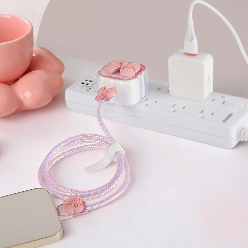 LONGFITE Charger Case Cover Compatible with iPhone 40W USB-C Adapter, Cute Pink Bowknot Charger Cable Protector Accessories Set for iPhone 17/16/15 Pro/Max,MacBook Air 13/13.6/15