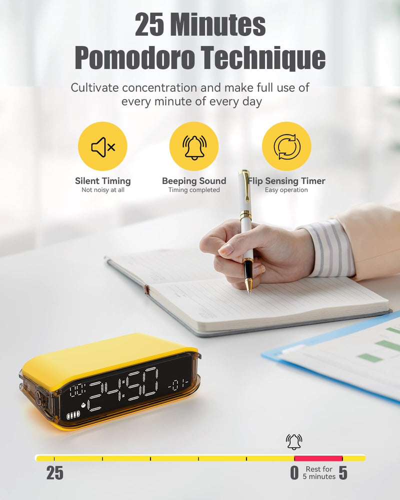 Pomodoro Timer Clock, Desk Timer for Productivity, Rotating to Switch Functions, Real-Time, Countdown, Count-up for Classroom Study, Work, Fitness