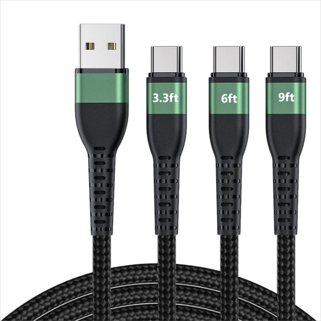 3A 27W usba to USB c Cable (3.3ft+6ft+9ft) Type C Fast Charging Compatible with iPhone 15/15 Plus/15 Pro/15 Pro Max, Samsung Galaxy S20 S10 S9, Note 20 10, LG G8 G7 V30…(3, Green) 3