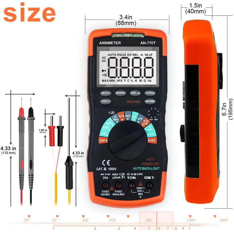AIOMEST AN-770T Digital Multimeter Auto-Ranging 6000 Counts Multimeter, Voltage/Current/Resistance Meter, Measures Capacitor Temperature and Diode, TRMS DMM with Data Hold, NCV and Backlight Auto-ranging AI-770T