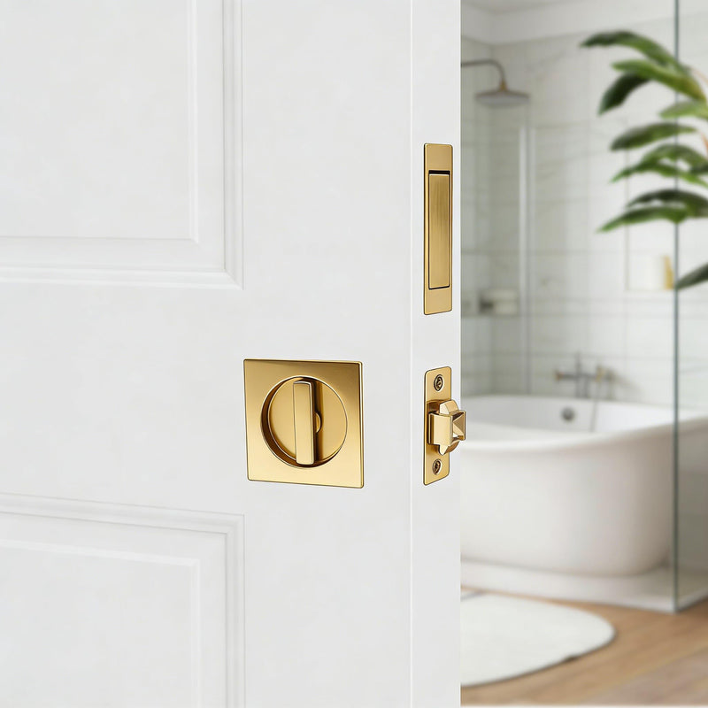 Dontay Pocket Door Passage Latches Lock,Flush Double Sided Rotation,Privacy (Bed/Bath) Latch,Large Lever,Hardware for 1 3/8" to 2 3/16" Sliding Door & Bathroom Doors (Satin Brass, Square - 1 Set) Satin Brass