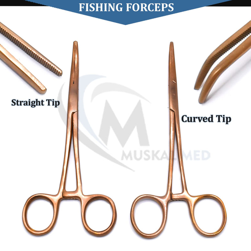 Set of 2 Curved & Straight 6.25" Hemostat Set (Rose Gold) - Stainless Steel Locking Tweezer Clamps - Ideal Hemostats for Nurses, Fishing Forceps, Crafts and Hobby