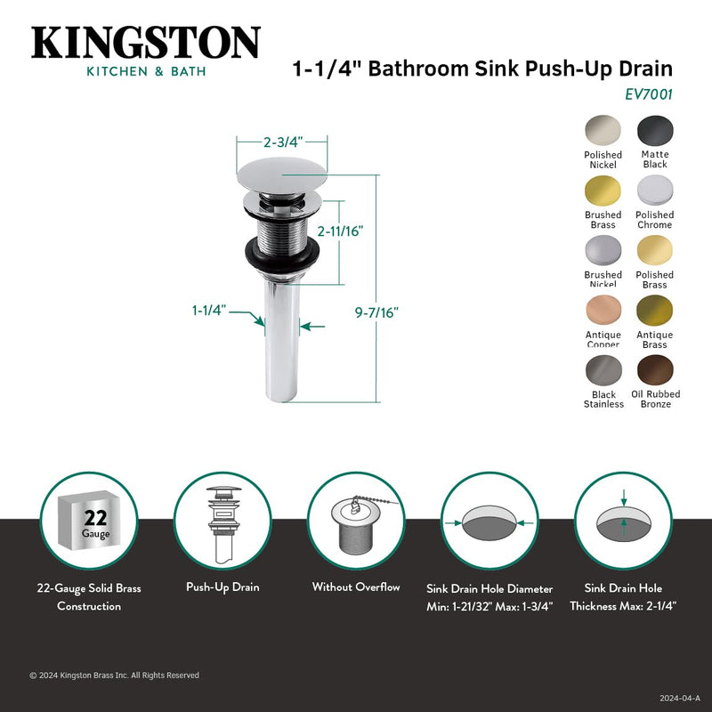 Kingston Brass EV7008 Designer Trimscape Brass Pop-Up Drain Assembly with less Overflow, Satin Nickel,2.75-Inch Diameter Brushed Nickel