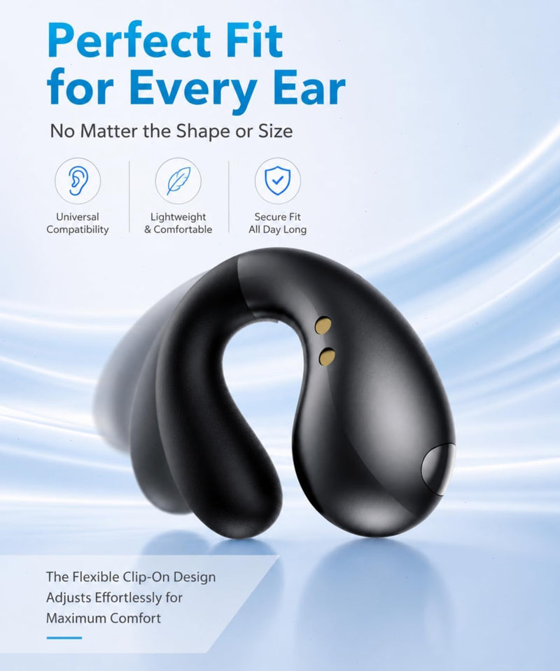Boytond Ultra Open Ear Earbuds - Comfortable Clip-On Bone Conduction Earbuds, Over-The-Ear Open Headphones with Waterproof Build for Running, Gym Workouts, and Outdoor Sports, Obsidian Black