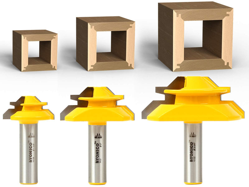 YONICO Lock Miter Router Bit Set 3 Bit 45 Degree 1/2-Inch Shank 15334 3 Bit Set - 1/2" Shank