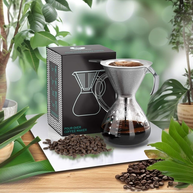 Coffee Gator Pour Over Coffee Maker - 27oz High Heat Borosilicate Glass with Reusable Stainless Steel Filter, Drip Coffee Brewer Dripper Set Carafe, 800ml Clear 27 oz