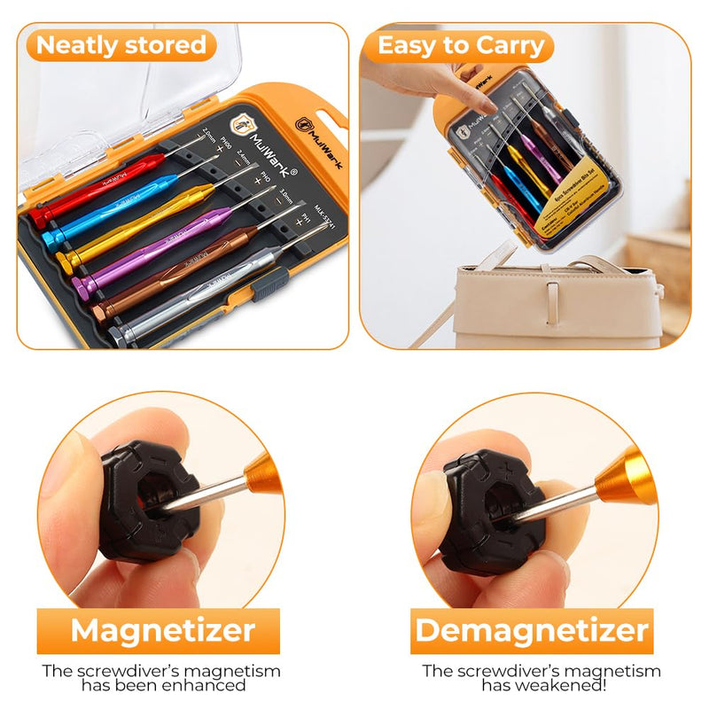 MULWARK Small Screwdriver Set, 6pcs Magnetic Mini Screwdriver Set, Micro Precision Flathead and Phillips Glasses Screwdriver with Case for Eyeglasses, Watches, Electronics, Phone And Computer 6PC Screwdriver Set
