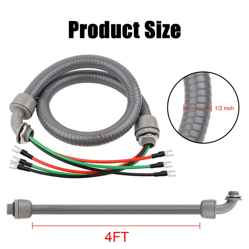 1/2 Inch AC Whip Assembly Kit 4 FT with Terminal, Non-Metallic Liquid Tight Electrical Conduit with 10/3 Gauge THHN Wire for Heater, Air Conditioner, Timer, Mini Split System