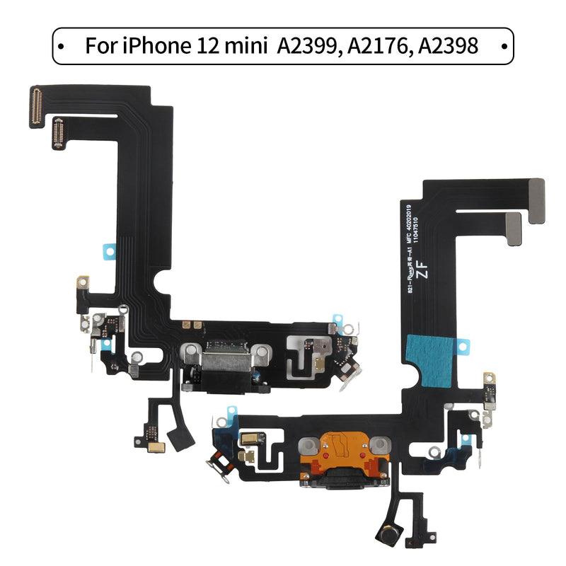 for iPhone 12 mini Lightning Charging Port Replacement Black Dock Connector Flex Cable Assembly with Waterproof Tape & Tool Kit A2176 A2398 A2400 A2399 (Black)