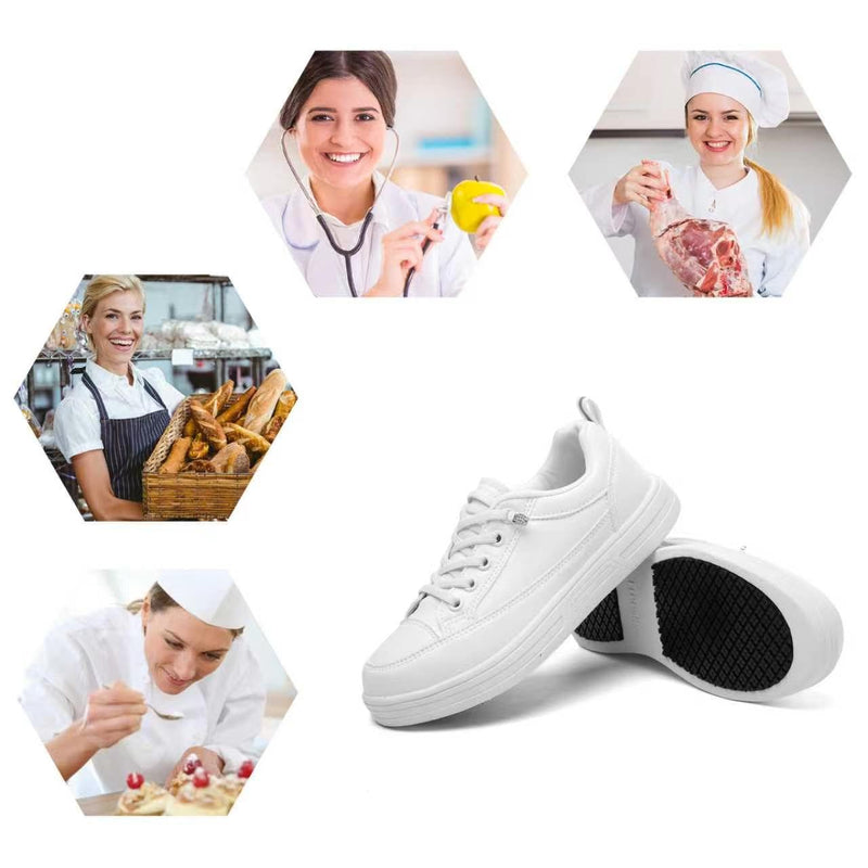 Women's White Non Slip Work Shoes, White Food Service Slip Resistant Work Shoes, White Women's Nursing Shoes. 7.5