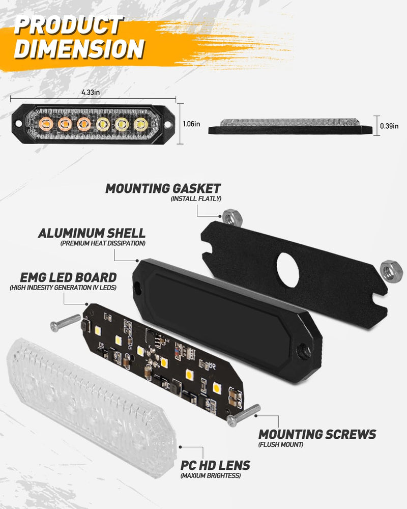 HLauto 406T Emergency Strobe Grille Lights: 4Pcs 6 LED Sync Feature Safety Warning Flashing Light, 12V-24V Ultra Slim Surface Mount Hazard Caution Light for Truck, Vehicle, Car, ATV, UTV (Amber White) Amber/White