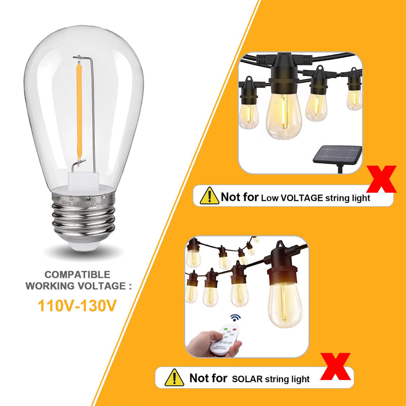 KGC 48Pack Shatterproof & Waterproof S14 Replacement LED Light Bulbs –1W Equivalent to 10W, White Warm 2200K Outdoor String Lights Vintage Filament Bulb, E26 Base Edison LED Bulbs S14 48pack