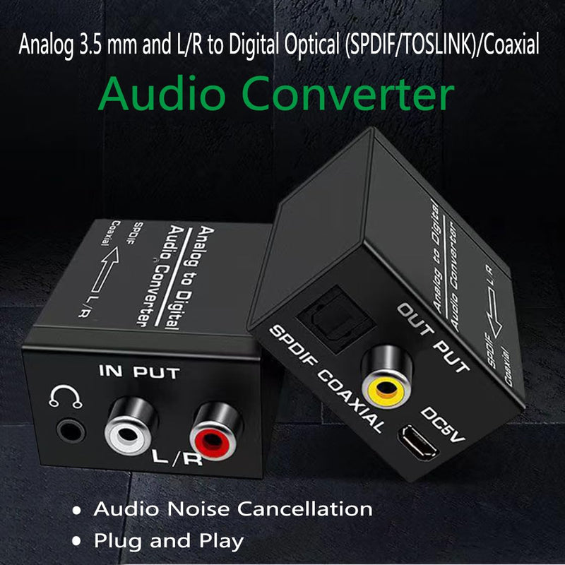 Analog to Digital Audio Converter, R/L RCA 3.5AUX to Optical/SPDIF/Toslink Coaxial Audio Adapter with Optical Cable and Audio Cable, Compatible with PS4 Xbox HDTV DVD etc, for Soundbar. 2.55*1.57*0.98IN L/R 3.5 to Optical Coaxial