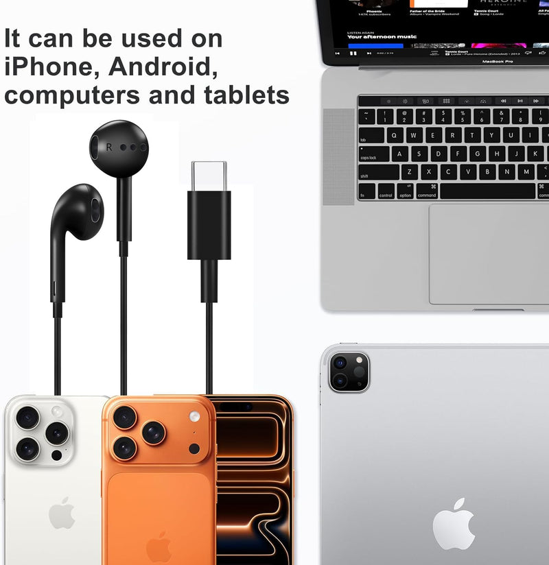 esbeecables USB C Headphones Wired, 2 Pack Type C Earphones with Mic & Remote Control, Noise Cancelling in-Ear Earbuds, Compatible for iPhone 17/16/15 Pro Max, Samsung S25, iPad, MacBook,Pixel (Black) Black