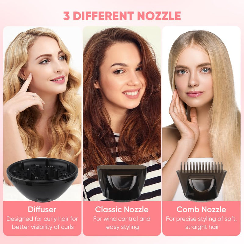 Ionic Smooth Hair Dryer with Diffuser, 2X Fast with 3 Heat Settings, 2400w Motor &110,000 RPM, Professional Lightweight Hair Dryer for Curly and Straight Hair Low Noise