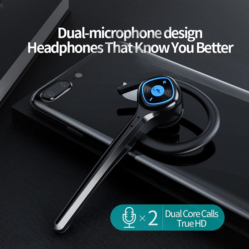 IHAO Wireless Bluetooth Earpiece Headphone Dual Noise Cancelling Mic Painless Open-Ear Handsfree Headset Stereo Sound Left/Right Changeable Earhook Earphones for Driving/Business/Gym Single Ear Black