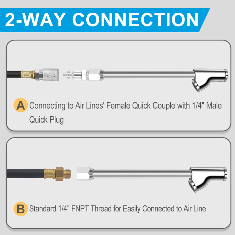 1/4" FNPT Dual Head Air Chuck, 2-Way Connection Closed Tire Chuck, Tire Air Fill Kit for Tire Inflator Gauge and Air Compressor Accessories 1 PACK SILVER