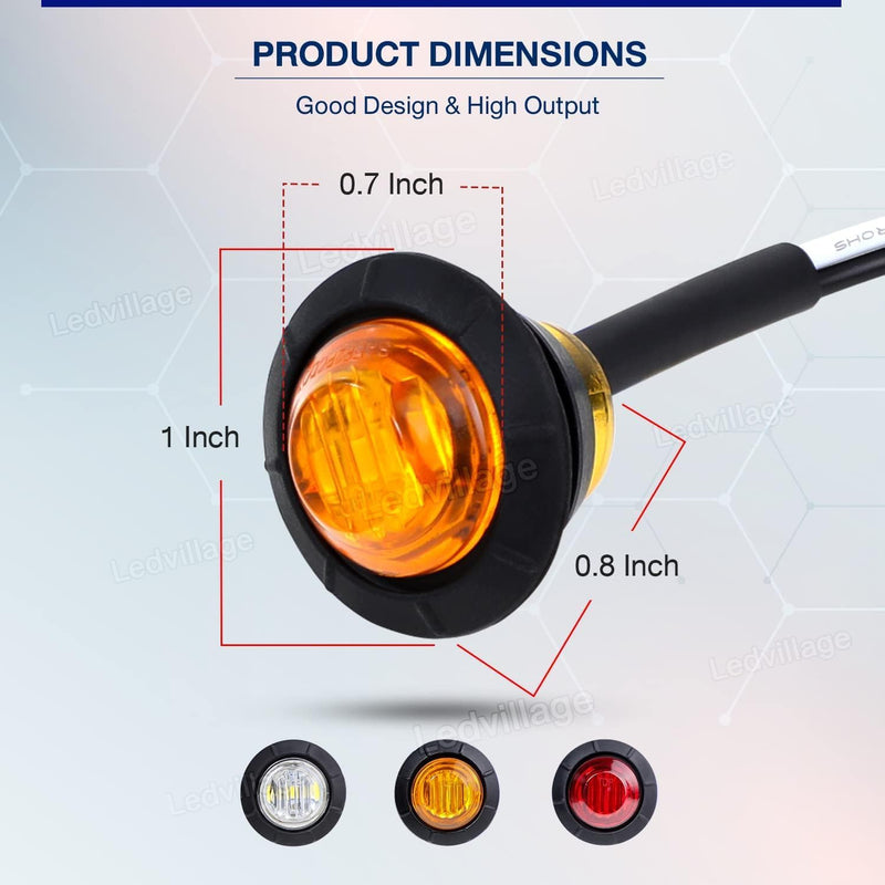 Pack of 30 3/4 Inch Mini Round 10 Amber + 10 Red + 10 White 3 LED Trailer Side Marker Button Lights Clearance Signal Lamp Boat Lorry Truck Pickup Bus 12V DC