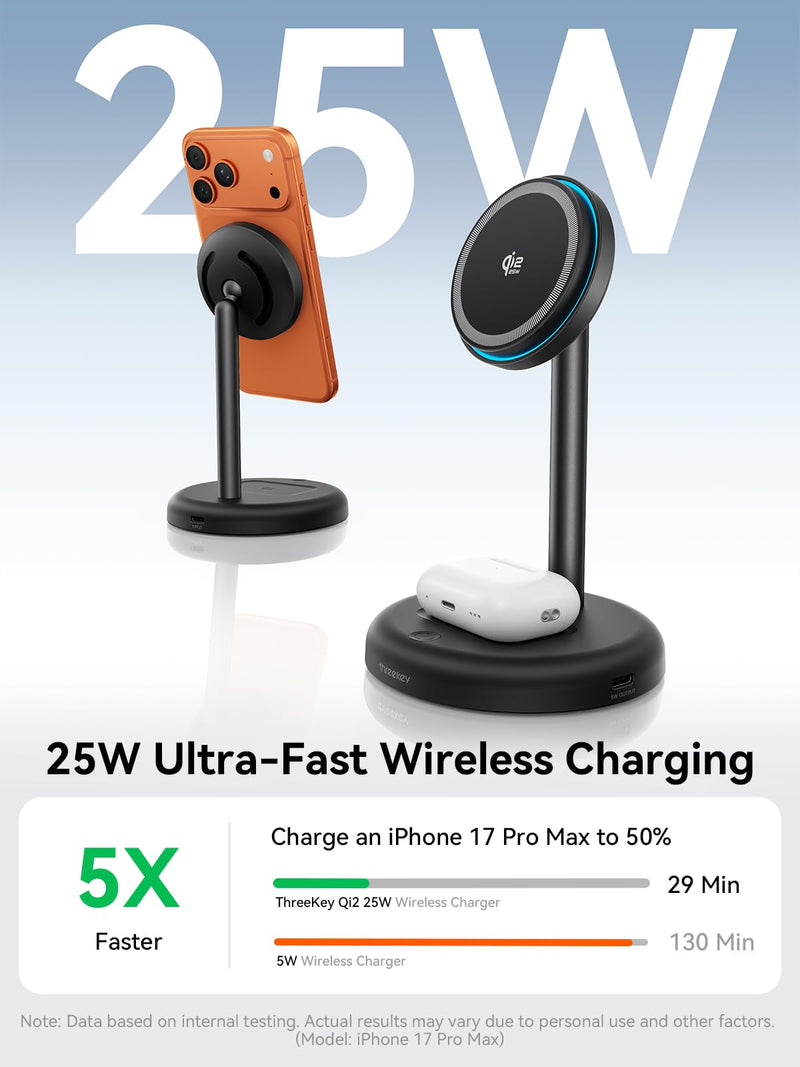 Qi2.2 25W Wireless Charger Stand with Cooling Fan & LED Light | 2-in-1 Fast Charging Station for iPhone 17/16/15/14/13/12 & AirPods, 5ft Cable, Nightstand & Desk, 45W Adapter Included With 45W Adapter