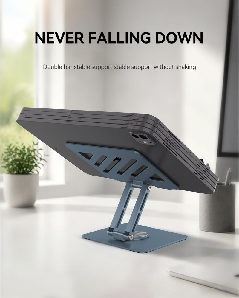 TIGRIS 360° Rotating Tablet Stand for iPad, Foldable Aluminum Desk Stand with Height & Angle Adjustment, Portable Holder for Office, Meetings, Kitchen, Compatible with iPad, Kindle, Surface, Gray