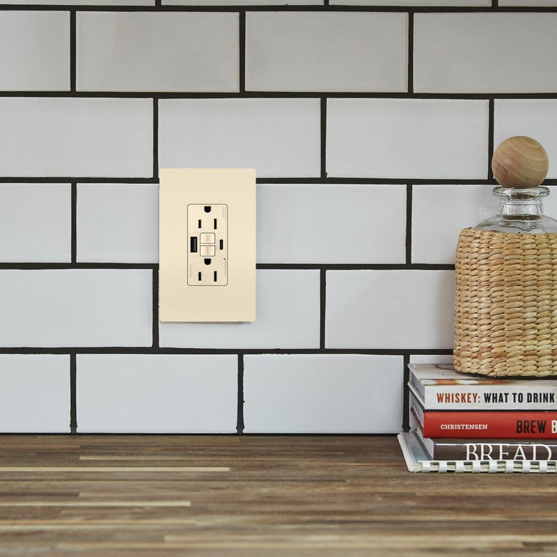 Legrand Pass & Seymour Radiant 15 Amp GFCI Wall Power Outlet with 2.0 Amp USB A/C Charger, Light Almond
