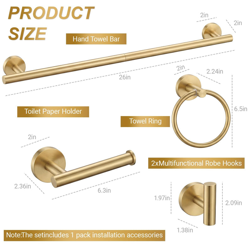 5-Piece Brushed Gold Bathroom Hardware Set, SUS304 Stainless Steel Wall Mounted Bathroom Accessories, 24 Inch Towel Bar, Towel Ring, Toilet Paper Holder, 2 Hooks, Rustproof Modern Bathroom Fixtures
