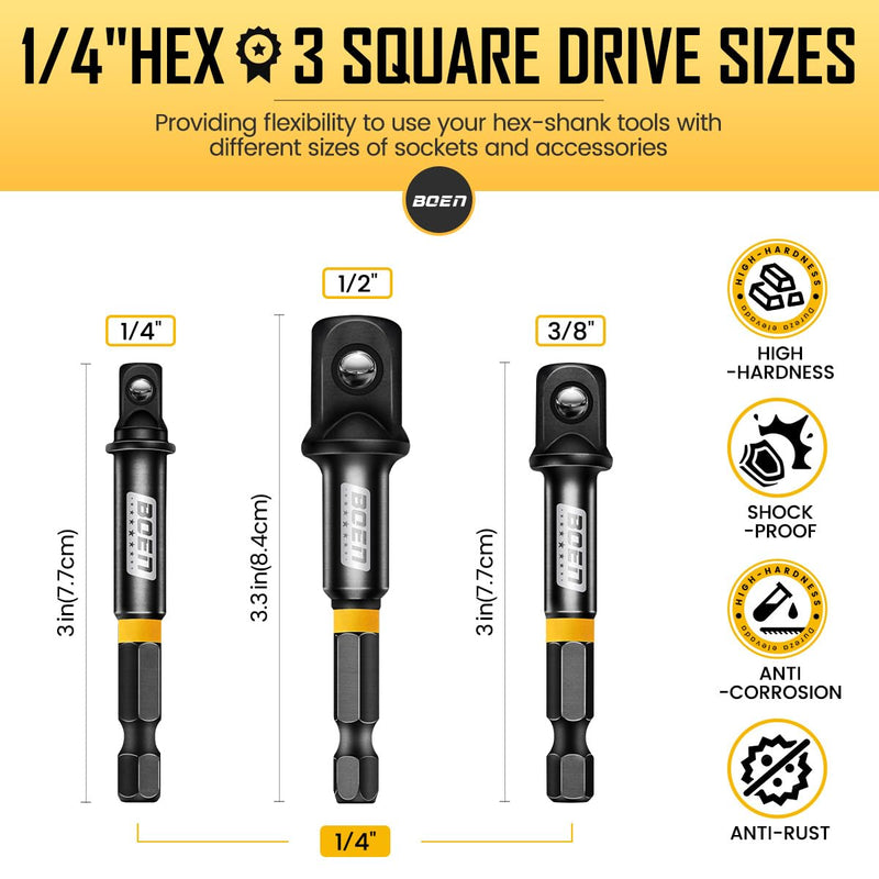 BOEN 9-Piece Impact Socket Adapter & Reducer Set, 1/4" & 3/8" & 1/2" &3/4" Drive Socket Adapter Set with Deep Embossed & Painted Markings, Include 1/4" Drive SAE Hex Shank Adapters