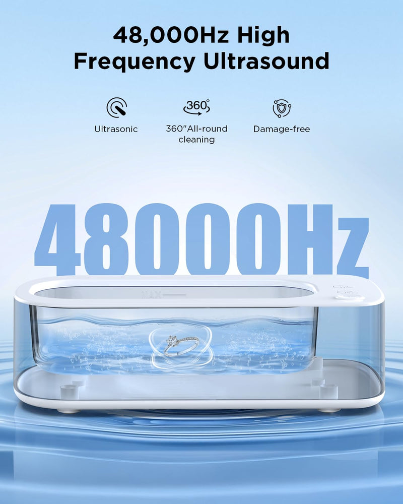 Ultrasonic Jewelry Cleaner Machine: 48KHz Ultra Sonic Cleaner for Jewelry,Eyeglass,Rings,Watch Band,Dentures,with Dual Cleaning Modes,350ML 304 Stainless Steel Tank,Gift for Wife,Mom,Daughter White