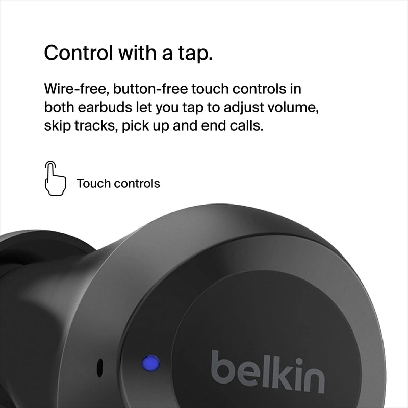 Belkin SoundForm Bolt True Wireless Earbuds, Wireless Charging, 28H | In-ear Bluetooth earbuds, IPX4 sweat resistant, USB-C and Qi charging case, mono mode, gym, commute, travel Black