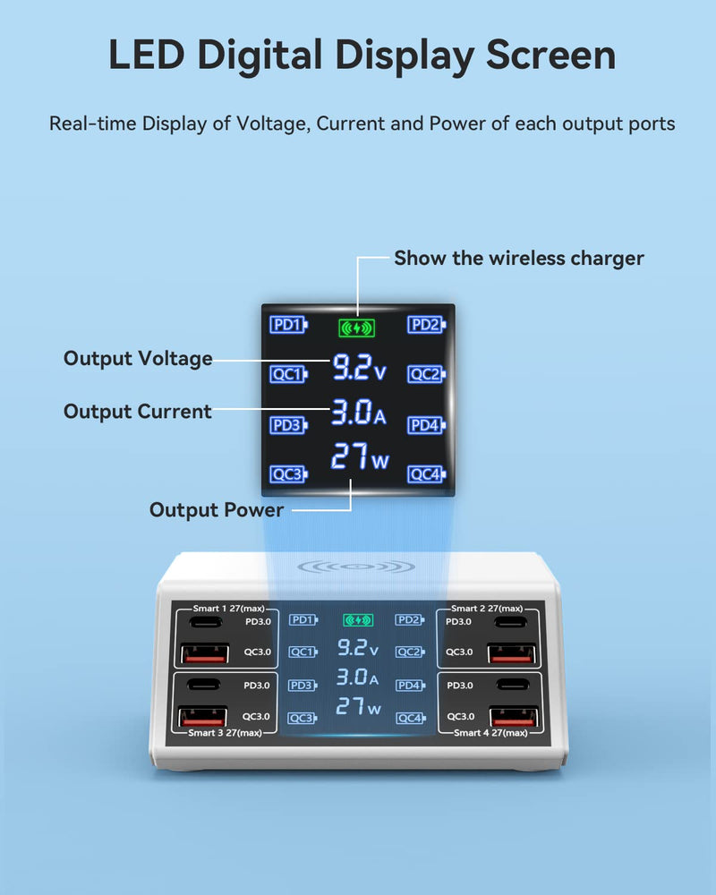 USB Charging Station,100W 8-Port Charging Station for Multiple Devices with 4 QC3.0+4 USB-C PD Ports,Wireless Charger,Multi Fast Charging Hub Charger Station for iPhone,Samsung, iPad White