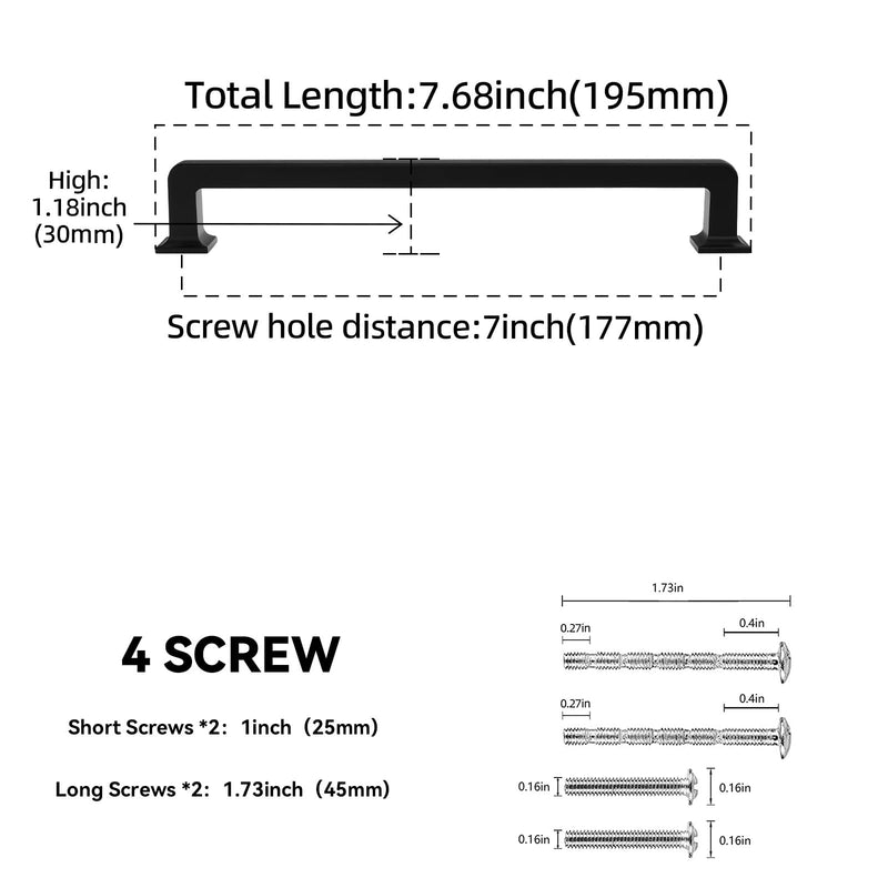 6 Pack 7 Inch(177mm) Kitchen Cabinet Handles Matte Black Cabinet Pulls Zinc Alloy Drawer Pulls Solid Kitchen Hardware 7'' Hole Center(177mm) 6