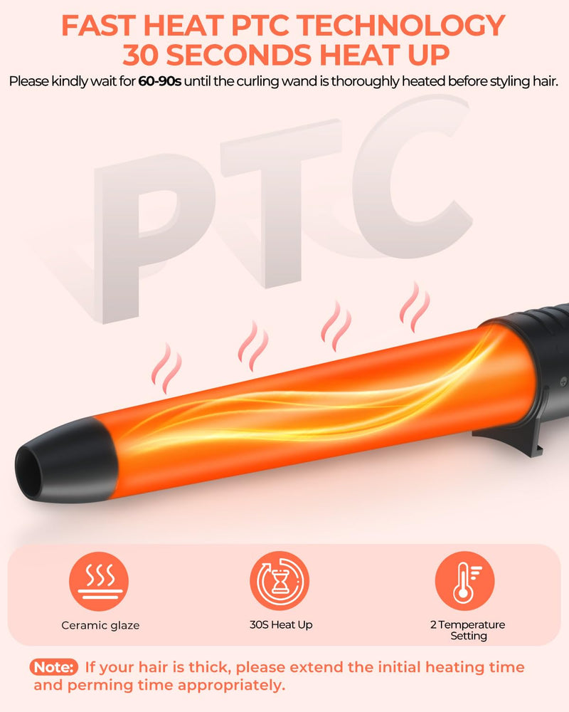 5 in 1 Curling Wand Set, Ohuhu Ceramic Barrels Hair Curler (9-32mm) | Dual Voltage, Heats in 30 Second, 356-410°F Adjustable, Travel-friendly, Lightweight, 2 Clips & Heat Glove, Gift for Women Black