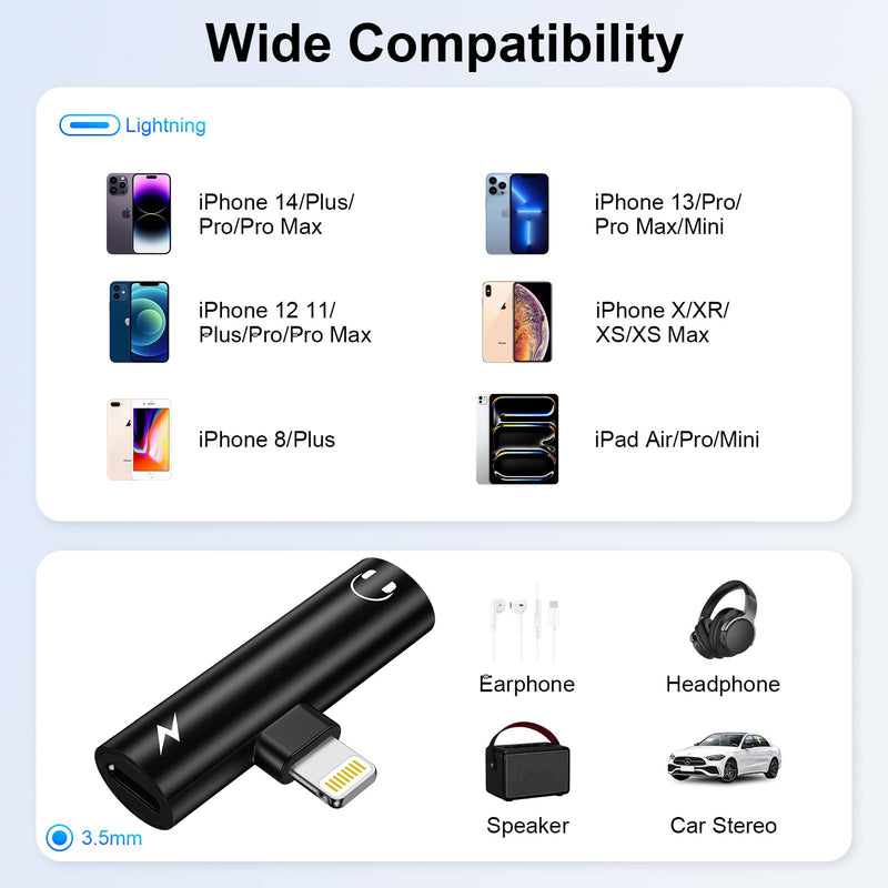 [Apple MFi Certified] Lightning to 3.5mm Headphone Adapter and Charger | 2-in-1 Lightning to Aux Jack Adapter & Fast Charger iPhone Dongle Audio Splitter for iPhone 14 13 12 11 Pro XR XS Max X 8 7 6 Black