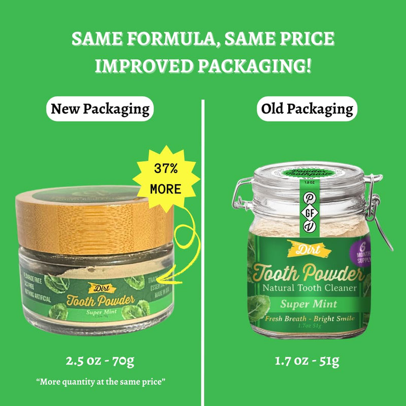 The Dirt - Remineralizing Tooth Powder, Natural Fluoride-Free Teeth Whitening Powder with Hydroxyapatite, Flouride & Gluten Free, Organic Vegan (Super Mint, 51g: 6 Month Supply) Super Mint 1.7 Ounce (Pack of 1)