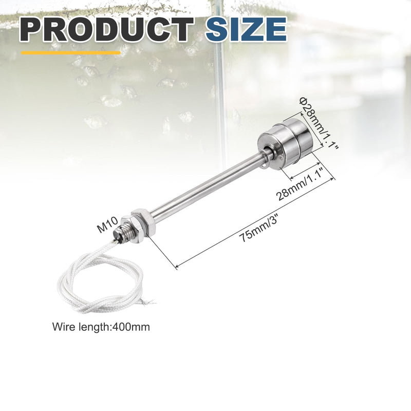 MECCANIXITY Stainless Steel Float Switch, 75mm Rod 110V DC 0.2A Vertical Water Level Sensor M10 Thread Single Tank Liquid Level Controller for Pump/Alarm 1 Pcs