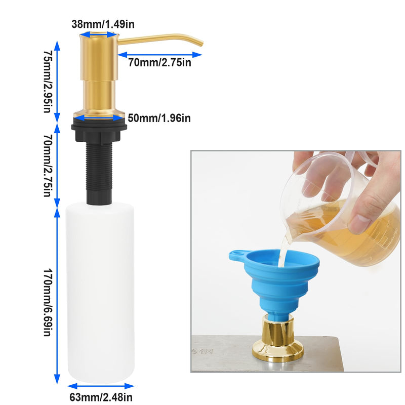 Soap Dispenser for Kitchen Sink, Kitchen Sink Soap Dispenser Pump, Refill from The Top, Sink Soap Dispenser with 17OZ Large Liquid Bottle, Gold (2 Scrub Sponges) Golden