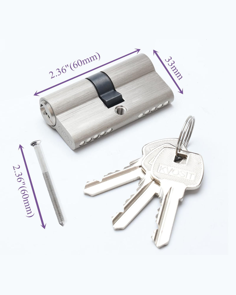 60MM Solid Brass Lock Cylinder with 3 Brass Keys Satin Nickel Door Lock Cylinder Replacement (60MM-Key Key) 60MM-Key Key