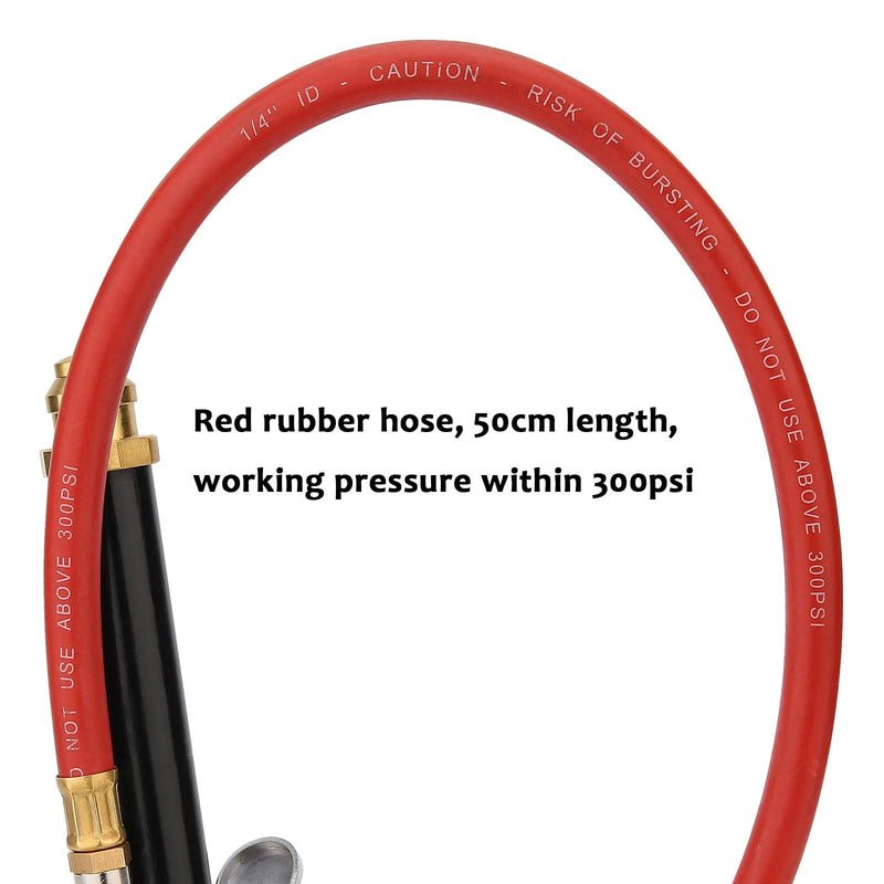 MEASUREMAN Heavy Duty Bayonet Style Tire Inflator, Aluminum Body, 20" Red Hose, Clip On Air Chuck, Aluminum Slide, Range 10-130psi/kpa Heavy Duty Tire Inflator