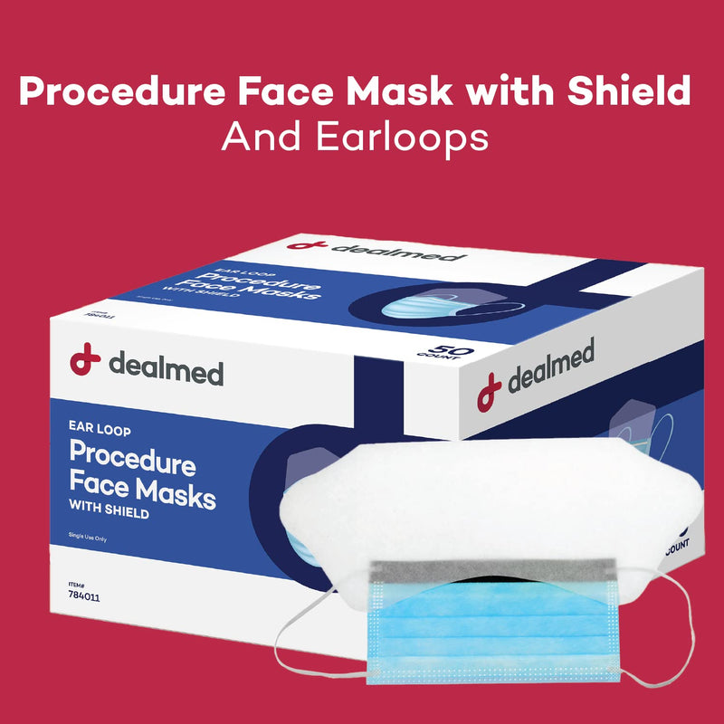 Dealmed Face Masks with Ear Loops and Eye Shield - Disposable Adult Face Masks for Hospitals, Medical Facilities, Food Services and More, 50 Count (Pack of 1)