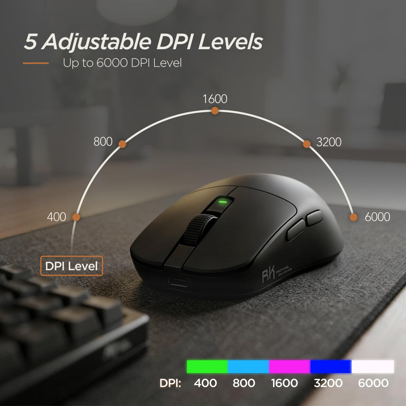 RK ROYAL KLUDGE MO3 Wireless Gaming Mouse, 48g Lightweight PC Mice, Black | Bluetooth/2.4G/Wired Rechargeable Computer Mouse, 5 Programmable Buttons, Gaming Sensor, 6000 DPI, Online Software on Win/Mac
